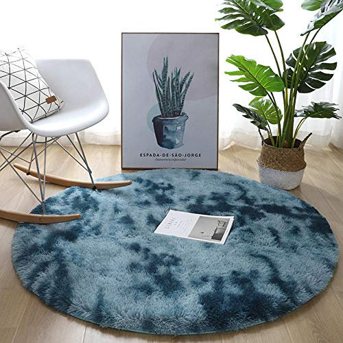 Generisch Seidig Glatte Fellteppiche, zotteliger Langflorteppich, weich und rutschfest, Rutschfester runder Teppich, Schlafzimmer-Nachttischmatte-Blau A_160 cm