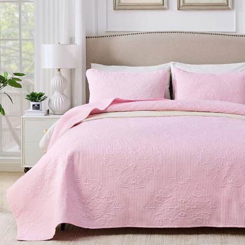 Qucover Light Pink Bedspreads Double Size 3-Piece Lightweight Summer Quilted Bed Throw Bedspreads, 100% Polyester Ultrasonic Quilting Technology Bedspread with Pillow Shams, 220x240cm