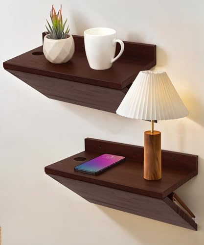 Sivapleso Juego de 2 mesitas de noche flotantes de madera de nogal, pequeñas mesitas de noche montadas en la pared, mesitas de noche colgantes en forma de Z para dormitorio