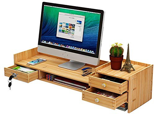 Acesunny Monitorständer Holz Monitor Bildschirm Ständer mit Schublade Laptopständer Bildschirmerhöher Holz Desk Organizer Stand + 2 Lagen Aufbewahrungsregale