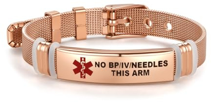 LSxAB Rose Gold Red Medical Alert ID Bracelet for Women Men's Emergency First Aid Health Alert Laser Engraved Satinless Steel Adjustable Wristband Bracelets