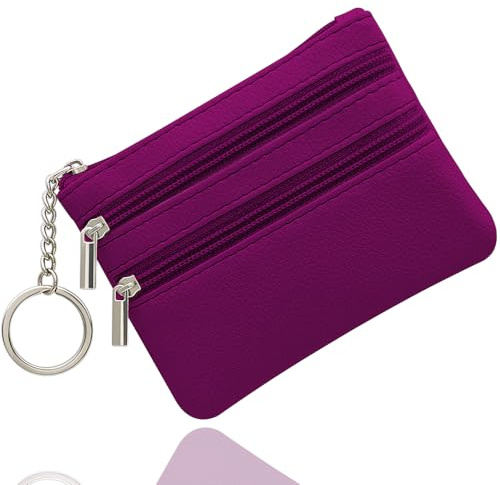 Klein Münzbörse, Leder Geldbörse Kreditkartenbörse mit DREI Fächern, Reißverschluss, Schlüsselanhänger, Klein Geldbeutel Business Card Mini Wallet für Damen(Lila)