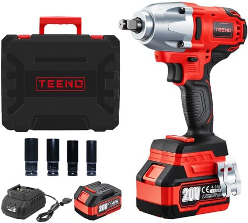 TEENO Avvitatore a Impulsi senza filo Brushless 1/2 600Nm 20 V con batteria 4000 mAh, Chiave a urto con 4 prese a impatto (17/19/21/22mm),Per l'automobile e l'uso domestico (one battery)