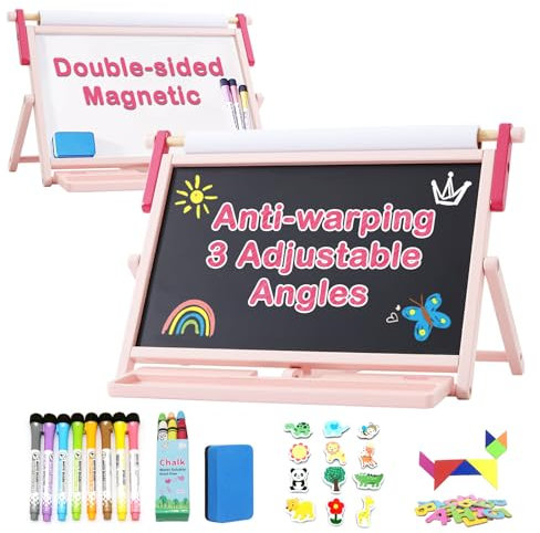 FUNLIO Anti-Verwerfung Tischstaffelei für Kinder ab 3 Jahren (100+ Teile), Holz-Doppelseitige Magnettafel Kinder mit 3 verstellbaren Winkeln, Tafel, Whiteboard & Papierrolle, klappbar – Rosa