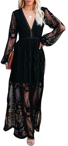 MERMAID'S CLOSET Women Fall V Neck Embroidered Lace Maxi Wedding Dress Long Sleeve Brides Bridesmaid Wedding Guest Formal Party Dresses Black