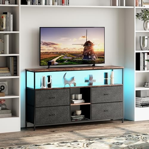 TV Schrank mit LED, Lowboard für Fernseher bis zu 55 Zoll, Fernsehtisch mit 4 Schubladen, 2 offenen Fächern, Sideboard für Wohnzimmer, Schlafzimmer, 137 x 30 x 78 cm, schwarz