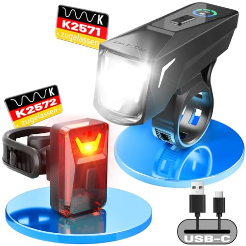 TECHCYC Luces Bicicleta con Sensor de Luz, USB Recargable, 70LUX, Luz Bicicleta Delantera y Trasera 2500mAh+300mAh, Certificado StVZO, IPX6 Impermeable, 5+2 Iluminación Modos