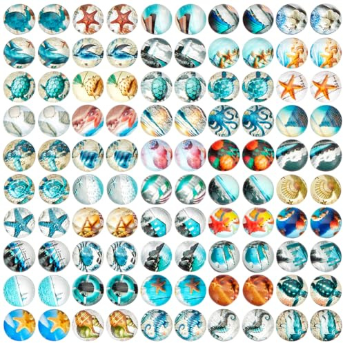 PH PandaHall 100pcs 10mm Ozean Motiv Glas Cabochons, 50 Styles Seestern Muschel gedruckt Runde flache Rückseite Kuppel Cabochons Mosaik Fliesen für Schmuckherstellung