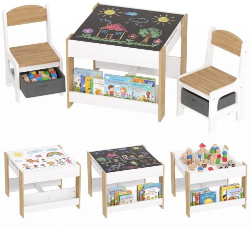 HOMCOM 3-teiliges Set mit Tisch und 2 Stühlen für Kinder, mit Tablett, Tisch, wendbar, Tafel, Aufbewahrungskorb, Regale, Naturholz