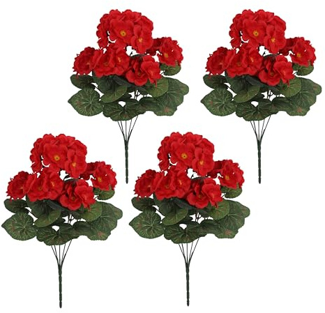 AQCQDQ 4 Bündel Künstliche Blumen Wie Echt, 36 cm Künstliche Geranien Seidenblumen im Freien und Innen, Faux Geranie Blumen für Hochzeit Home Balkon Garten Fenster Box Tischdekoration (Rot)
