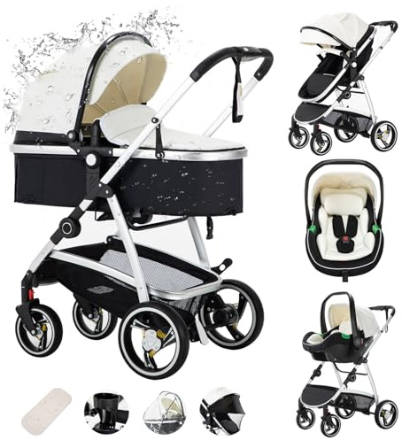 Zkiprm Leather 3 in 1 Stroller Travel System Includes Baby Stroller and Car Seat Rain Cover Aluminum Frame Reversible One-Click Folding Anti-Vibration Pushchair for Newborn 0-4 Years