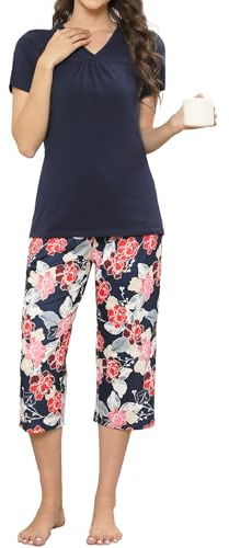 TeJoyce Pijama Mujer Corto Algodon Verano, Ropa de Dormir de Dos Piezas - Pantalón 3/4, Conjunto de Camiseta de Manga Corta y Capri de Flores, Ropa de Casa Elegante y Cómodo S-XXL