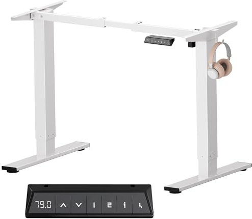 SANODESK Höhenverstellbarer Schreibtisch Elektrisch Tischgestell mit 2 Haken und LED-Höhenanzeige,Antikollisionsfunktion und Memory-Steuerung,Weiß