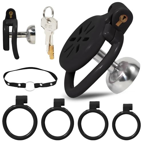 Flacher Peniskäfig Sex Spielzeug für die Männer Inverted Chastity Cage mit 4 Verschieden Großen Ringen Keuschheitskäfig mit Verdecktem Schloss und Gürtel für Mann Penis Bondage (L,Black)