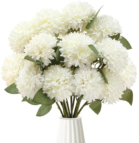 Sggvecsy 12Pcs Artificial Chrysanthemums Flowers Ball Silk Fall Chrysanthemums Fake Mums for Indoor Outdoors Garden Home Wedding Bouquet Spring Summer Decor(White)