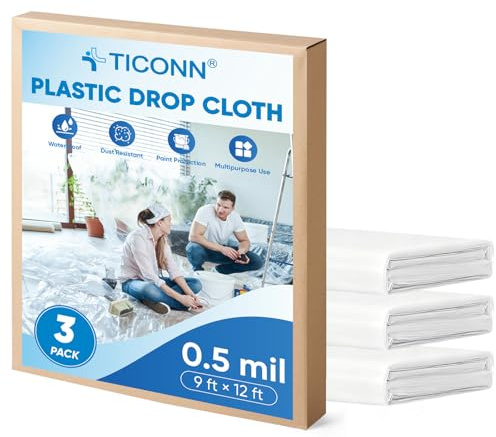 TICONN 12 x 9 Ft Plastic Drop Cloth for Painting, Waterproof Painters Plastic Sheeting, Painting Tarp for Furniture Cover, Floor Protection (3PK, 0.5Mil)