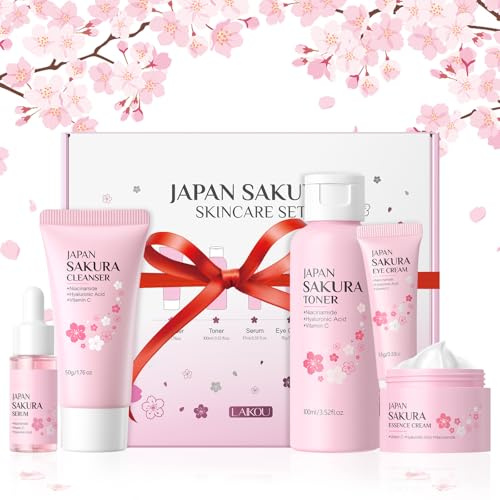 BeauBase Sakura Kit Skincare Viso Completo, Set per la Cura del Viso per Ragazze e Donne, Tonico Soluzione per la Pelle Idratante, con Detergente Tonica Contorno Occhi Siero Crem