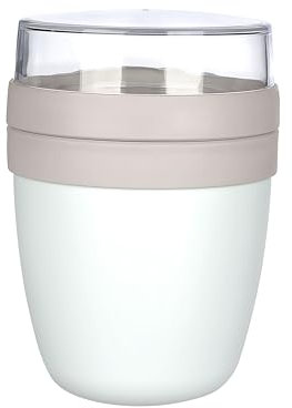 Pro Home MIXME Overnight Oats Jar Container 650ml | On-The-Go Cereal Cups Dual Compartments Yoghurt Pot & Muesli Cup With Lid & Spoon BPA Free Portable Leak-Proof Yogurt Pots (Beige)