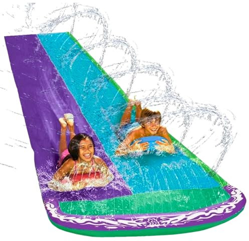 Smart-Planet Doppel Wasserrutsche XXL für Kinder extra stabil - 482cm x 145cm - Garten Wasserbahn mit Sprengler und Schlauchanschluss