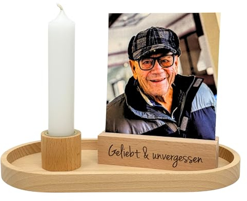Gedenkset mit Kerzenhalter & Kartenhalter – Erinnerung an Verstorbene – graviert oder personalisiert – Holz Deko für Trauer & Gedenken (Geliebt und unvergessen)