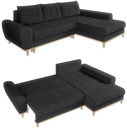 Modernes Ecksofa im Scandi-Stil B268/T175/H86 cm mit Schlaffunktion, Bettkasten, Ottomane rechts, Füße und umlaufender Blende aus Massivholz, mit weichem Bouclé Chenille Stoff in Anthrazit / 21011