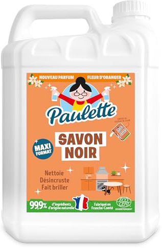 Paulette - Savon Noir Fleur d'Oranger - Ultra-Dégraissant Ménager aux Cristaux de Soude Multi-Surfaces Ecocert - Fabriqué en France - 5 L