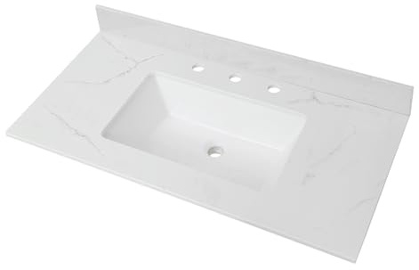 48 W x 18.5D Engineered Stone Vanity Top with Undermount White Rectangular Single Sink,Pre-Drilled Widespread Faucet Holes Countertop with 4 H Backsplash