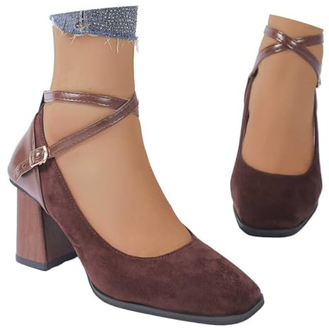 Zapatos De Tacón De Bloque Para Mujer, Elegantes Y Vintage Con Tiras Cruzadas Cómodos Y Cerrados Ideales Para Bodas Y Baile Con Plataforma,Marrón,36 EU