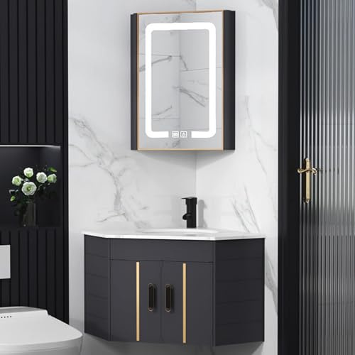 Mobile bagno angolare con lavandino e specchio LED anti-appannamento, lavabo da parete per casa, cucina e lavanderia, design salvaspazio, elegante e funzionale