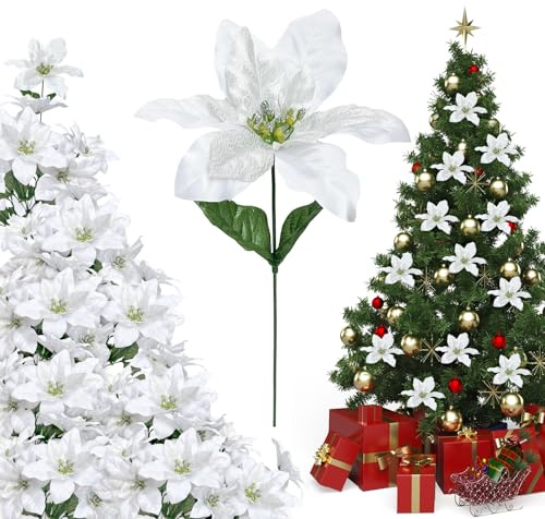 SilverChry 50pcs Weihnachtsstern Blume, Christbaumschmuck Blumen Weiß, Künstliche Weihnachtsblumen mit Stielen und Blättern, Weihnachtsschmuck Blumen, Weihnachten Deko Künstlicher Blumenstrauß (Weiß)