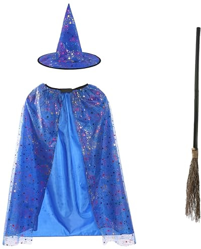 Childs Witch Cape and Hat Halloween Fancy Dress Outfit with Broom Stick - Kids Spooky Costume for Trick or Treat, School Fancy Dress Parties, Cosplay, and Magical Role Play - One Size