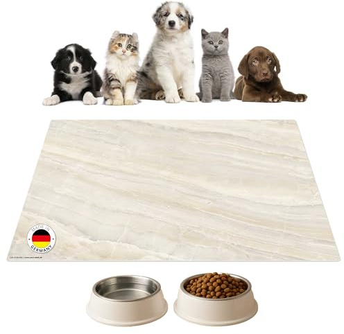 Napfunterlage | Futtermatte für Hunde und Katzen „Marmorplatte mit Beiger Maserung aus Premium Vinyl - 44x32 cm – rutschhemmend, abwaschbar, reißfest - Made in Germany
