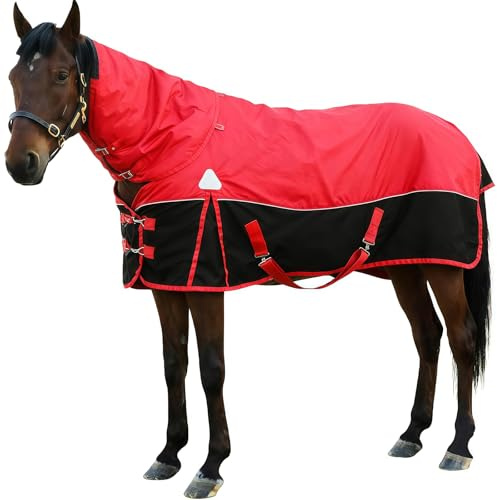SHAIRMB Coperte Invernali per Cavalli Veri, Teli Antipioggia Impermeabili in Poliestere 1680d con Copricollo, Fascia Addominale E Fascia per La Coda, Coperta di Peso Medio,Rosso,EU 155 cm