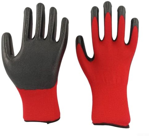 Guanti da lavoro in nitrile, confezione da 12, per giardinaggio e costruzione, design traspirante e antiscivolo per una migliore presa (rosso)