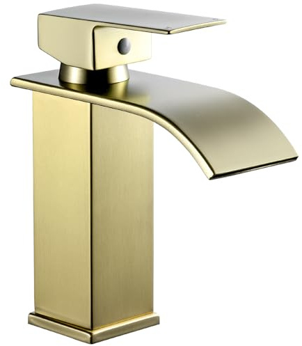 Peppermint Basin Taps Mixers Waterfall Brushed Gold Bathroom Sink Mixer Tap Square Monobloc 1 Hole with G1/2'' Hoses Modern Cloakroom Taps Golden Mono Lead-Free Stainless Steel