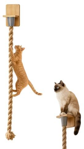 Cat Climbing Rope Accessories, 150cm Natural Hemp Scratching Ladder | Catio, Hardwood Bracket, Wall Mounted, Indoor Outdoor Cat Tree Furniture, for Jumping Playing