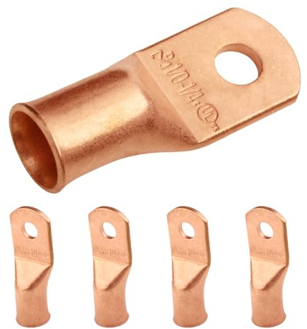 SELTERM 1/0 AWG (50 mm²) - 1/4 (M6) ⌀ Hole UL Heavy Duty Wire Lugs, Battery Cable Ends, Bare Copper Eyelets, Tubular Ring Terminal Connectors [B63] - 5 Pack