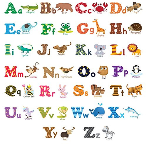 DECOWALL DS-8001 Englisch Alphabet & Tiere Wandsticker Wandaufkleber Wandtattoo für Wohnzimmer Schlafzimmer Kinderzimmer (Englisch Ver.) (Klein)