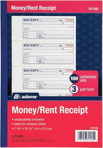 Adams Money and Rent Receipt Book, 3-Part, Carbonless, White/Canary/Pink,7 5/8 x 10 7/8, 100 Sets per Book (TC1182) (12 Pack) (Two 6 Packs)