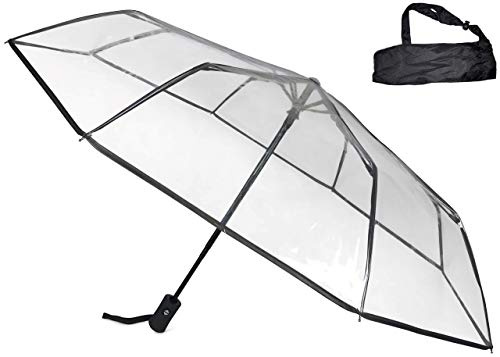 Star Spark Paraply Ø98 cm, transparent, komfort-tryckknapp, med bärväska, automatisk, vikbar, liten i fickan - fickparaply även för bröllop - svart kant