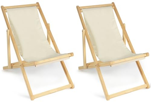 IDMarket - Set von 2 Liegestühlen faltbar Chilienne Holz Leinwand Ecru