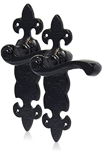 XFORT Smithy's Range Fleur De LYS Lever Latch Solo Black Antique Door Handles, Cast Iron. Rustic Latch Door Handles Set for Internal Wooden Doors.