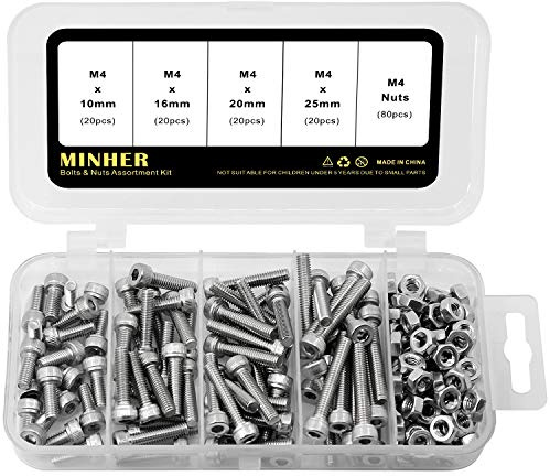 M4 Innensechskantschraube und Mutter Kombinationsbox 304 Edelstahl Mechanische Innensechskant Bolzenset 10mm 16mm 20mm 25mm 160 Stück