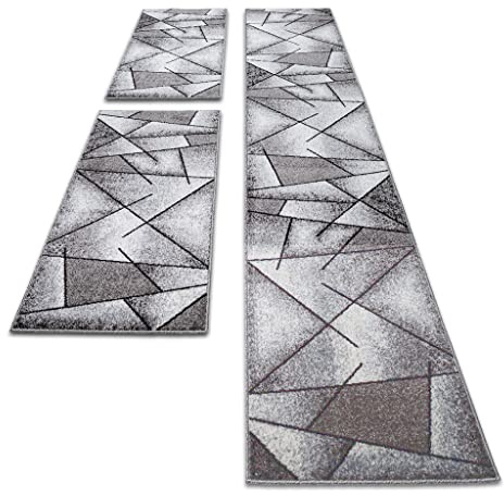oKu-Tex Bettumrandung Set 3-teilig [67x340 cm | 2 mal 67x140 cm] Grauer Bettvorleger, meliert - weicher Kurzflor pflegeleicht - Teppich Schlafzimmer - Modernes geometrisches Design - Deutsche Marke