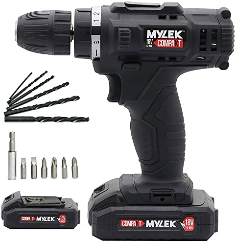 MYLEK 18V Cordless Drill with Two Batteries - Lithium Ion, UK Charger, 18V Combi Drill Driver Electric Screwdriver, DIY Accessory Kit, Black