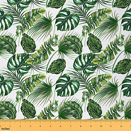 Palmenblätter Stoff Meterware Hawaii Möbelstoff Monstera Bananenblätter Indoor Outdoor Stoff Sommer Tropische Blätter Dekostoff Basteln Patchwork DIY Grün Weiß 92 x 150 (HxB)