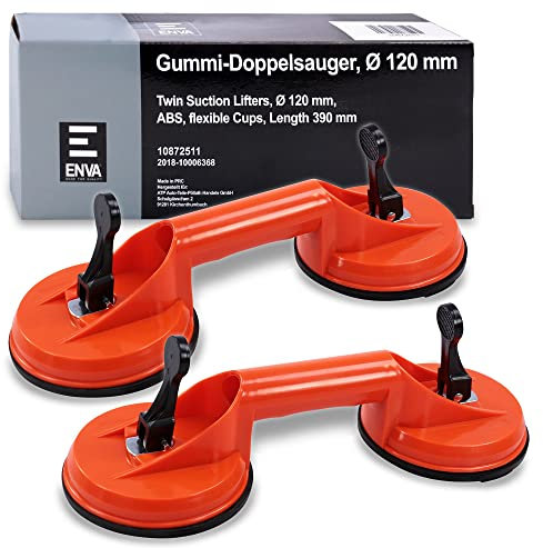 2X ENVA Saugheber Ø 118 mm mit rutschfestem Griff 60kg / 120kg Tragkraft Vakuum Plattenheber Glassauger zum Transport von Windschutzscheiben, Glasscheiben, Fenster usw. Saugnapf mit Sicherheitsclip