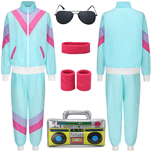 80er Jahre Kostüm Trainingsanzug Pop Art für Retro Stil Bad Geschmack Party Assi Anzug Proll Anzug Assi Jahre 80er 90er Jahre Outfit Kleidung Accessoires für Damen Herren Jogginganzug Blau G041M