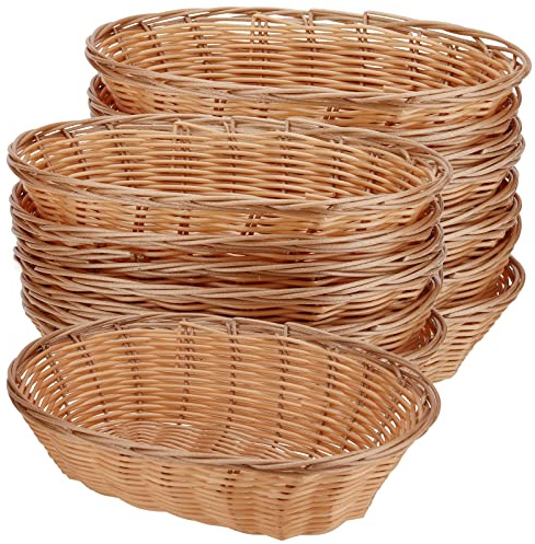 HOZEON 15 Pack Plastic Oval Basket, 11 x 7.87 x 2.8 Inches Wicker Bread Basket, Food Storage Fruit Serving Basket for Kitchen, Restaurant, Light Brown