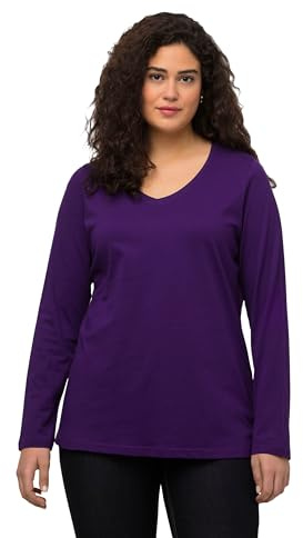 Ulla Popken Maglietta da Donna Basic, Scollo a V, Sottile, a Maniche Lunghe, Viola Profondo, 52/54 IT